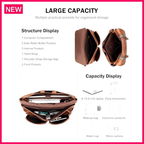 Large Leather Messenger Bag Convertible Backpack Laptop Briefcase Multi Pocket - Picture 7 of 8